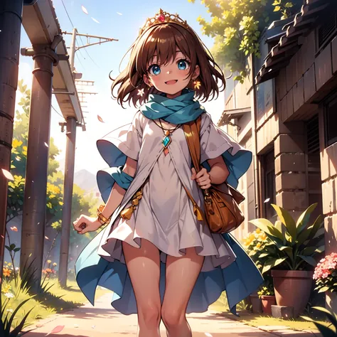 solo, pure happiness, Ultra-detailed, (Realistic, Photorealistic:1.0), vibrant colors, (barren desert background), oasis, sand dunes, falling petals, cute lonely selfish 1girl princess, holding a bouquet of flowers, walking, laughing, XD, flat chest, skinn...