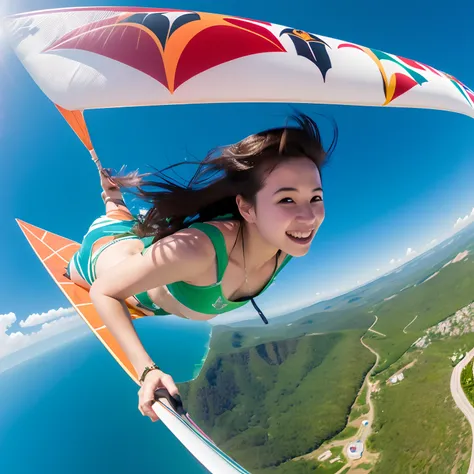 ((masterpiece, best quality, absurdress)), An energetic woman engages in hang gliding, surrounded by magnificent nature, under a clear blue sky, feeling the invigorating breeze.