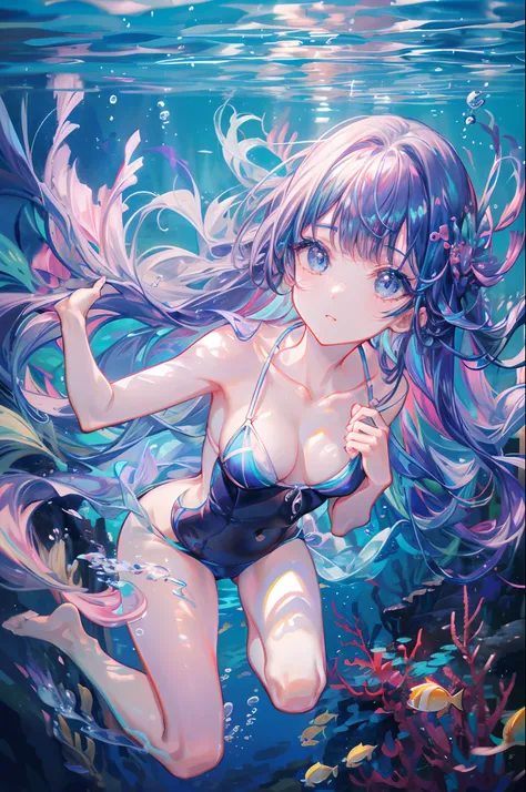 (masuter piece、top-quality、8K,、detailed faces and eyes、Fantastical)、Full body、one girls、undersea environment、soft sunlight、Colorful tropical fish、Big sea turtle、underwater scene、underwater environment、deep underwater scene、underwater ocean、underwater lands...