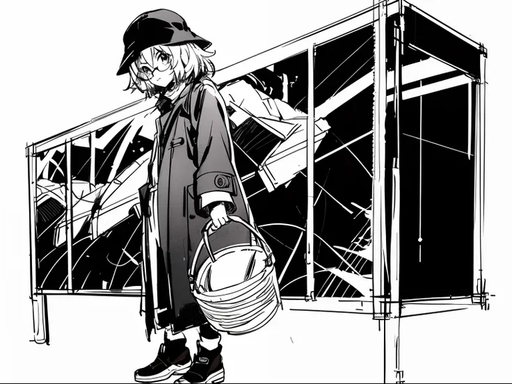 Mirai Kuriyama wearing a coat and a cap, ((empty background)), winter, VHS, vintage, red glasses, bucket hat, manga style, white background, ((monochrome)), far away shot, full body, (sketch), long sleeves, 1girl