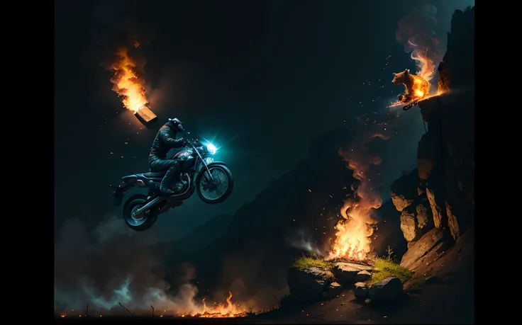 Bear on motorcycle jumping off a cliff with flames