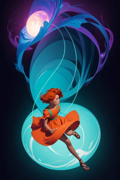 concept art, overhead angle of a Will-o-the-wisp, wearing Funny Somali Emerald deep orange Pinafore, Caramel hair styled as Short hair, fluorescent purple Hair tie, equirectangular 360, Highres,  [(art by Willi Baumeister:1.1), (art by John T. Biggers:1.2)...