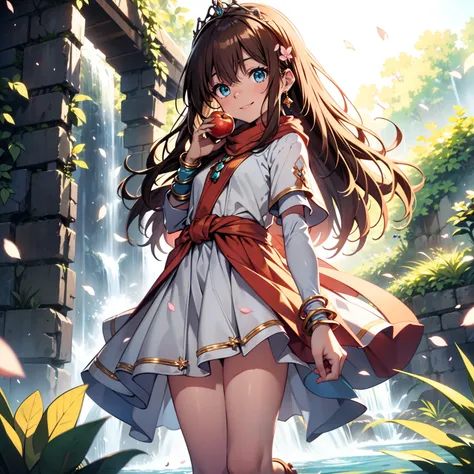 solo, pure happiness, Ultra-detailed, (Realistic, Photorealistic:1.0), vibrant colors, (waterfall background), heaven,, falling petals, cute lonely selfish 1girl princess, holding an apple, walking, flat chest, skinny, very thin legs, anorexic, ((young)), ...