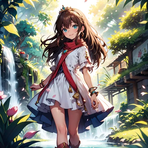 solo, pure happiness, Ultra-detailed, (Realistic, Photorealistic:1.0), vibrant colors, (waterfall background), heaven,, falling petals, cute lonely selfish 1girl princess, holding an apple, walking, flat chest, skinny, very thin legs, anorexic, ((young)), ...