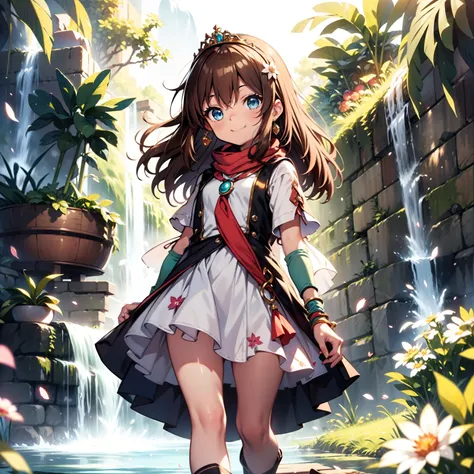 solo, pure happiness, Ultra-detailed, (Realistic, Photorealistic:1.0), vibrant colors, (waterfall background), heaven,, falling petals, cute lonely selfish 1girl princess, holding an apple, walking, flat chest, skinny, very thin legs, anorexic, ((young)), ...