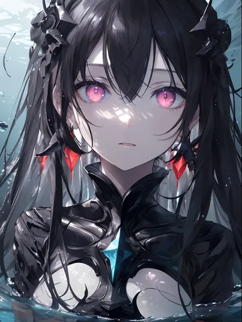 (masterpiece,best quality,ultra-detailed),1girl, black hair,beautiful and detailed face, detailed eyes,looking at viewer, multicolored eyes,((grey theme),pale skin, glowing eyes ,in the sea,((night)),dark ambient,(underwater)