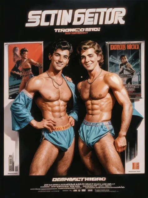 1980s (style) retro movie poster, skinny latin boy, (two hairy gay men with  grins:0.9), huge bold text, poster art, disco theme, strong, bold inking techniques, romantic design