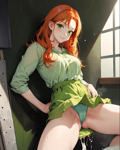 Cute ginger hair and green eyes anime woman peeing her panties with spread legs. Thick thighs. Desperate, shy and blushing facial expression. Pee running down her legs.