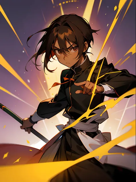 Masterpieces, best quality, male child, UQ holder,  Mahou Sensei Negima!, (negi springfield) dark skin , dark brown hair, wearing a black battle mage, martial artist clothing, (