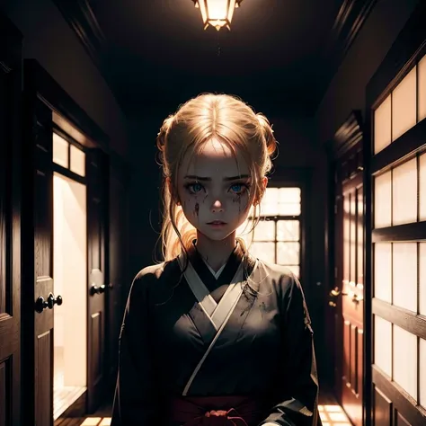 (black background, highres:1.2, realistic, ultra-detailed, horror:1.1, dramatic lighting:1.1), a blonde girl with brown eyes wearing a school uniform, her eyes wide with a kimono, blood splattered all over her face and uniform. The dark color tones intensi...