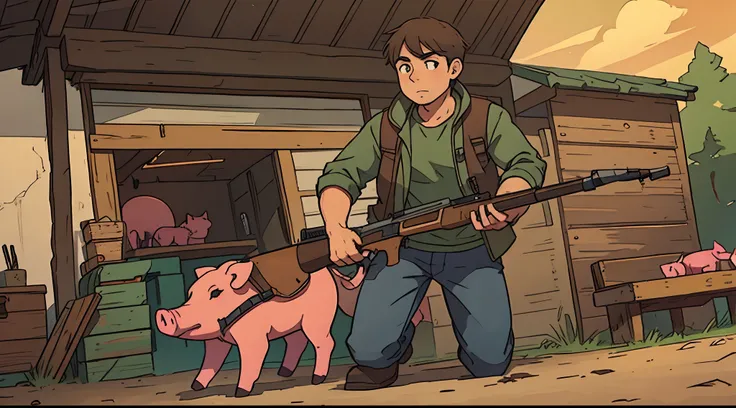 Man hunting a pig with a shotgun