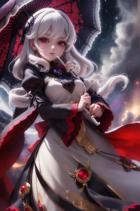 (masterpiece), (best quality), HDR, intricate detail, soft shadow, shadow on face, 1girl, artist_request, kanaria, long_sleeves, lowres, parody, red_eyes, rozen_maiden, solo, suigintou, umbrella, white_hair, nightime, looking to the stars, stars, nebula, h...