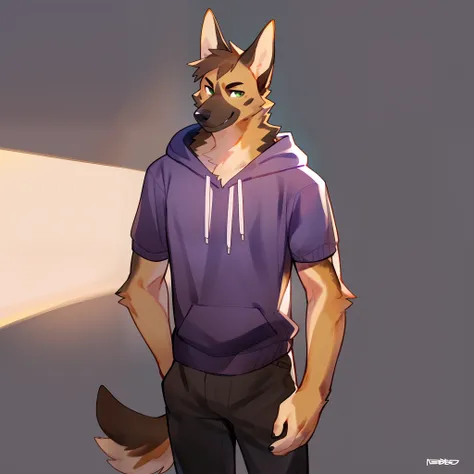 Light brown german shepherd, german shepherd, dog canine, solo, male, standing, green eyes, dark brown hair, smirking, lean, athletic, looking at viewer, purple hoodie, black pants, by bebebebebe