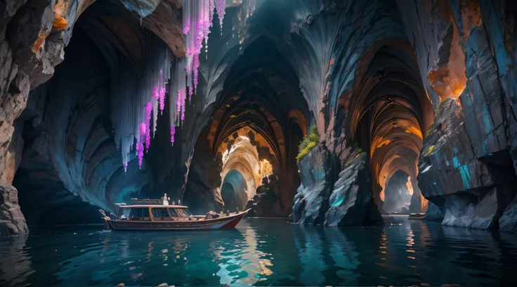 Incredible Cave, Sparkling walls and vaults, Columns and niches are carved into the walls, Everything shimmers, Crystals sticking out of the walls, In the depths, you can see an underground glowing lake, On the water, a sophisticated obsidian boat, an incr...