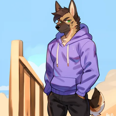 Light brown german shepherd, german shepherd, dog canine, solo, male, standing, green eyes, dark brown hair, smirking, lean, athletic, looking at viewer, purple hoodie, black pants, by buta99, by goonie-san