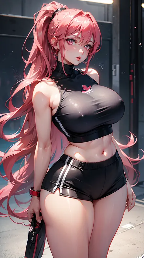 1 woman milf “"Giant breasts" + "large rear" + "wide hips" + "plump thighs" + "pink eyes" + "(white star pupils)" + (("serious expression")) + "Long red Hair in a ponytail" + "Red Lips" + "Lucious Lips"”)}, {“Outfit”: short gym shorts, black tight crop top...