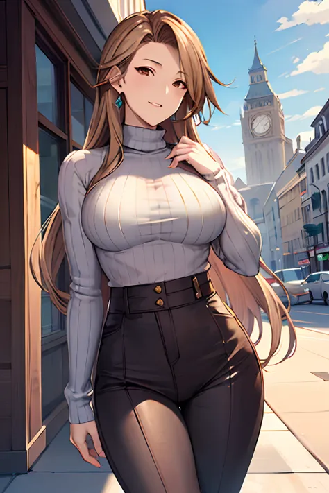 masterpiece, best quality, highres, katalina (granblue fantasy), cowboy shot, outdoors,sweater, ribbed sweater, long sleeves, hi...