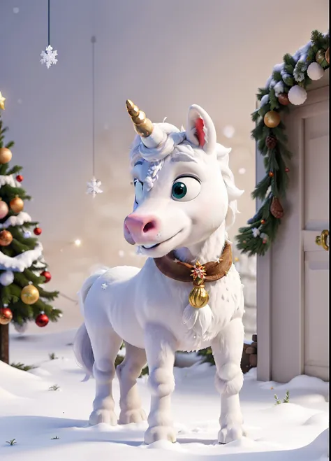 Obra-prima, melhor qualidade, A white unicorn with a Christmas wreath around its neck with pine trees background in the snow