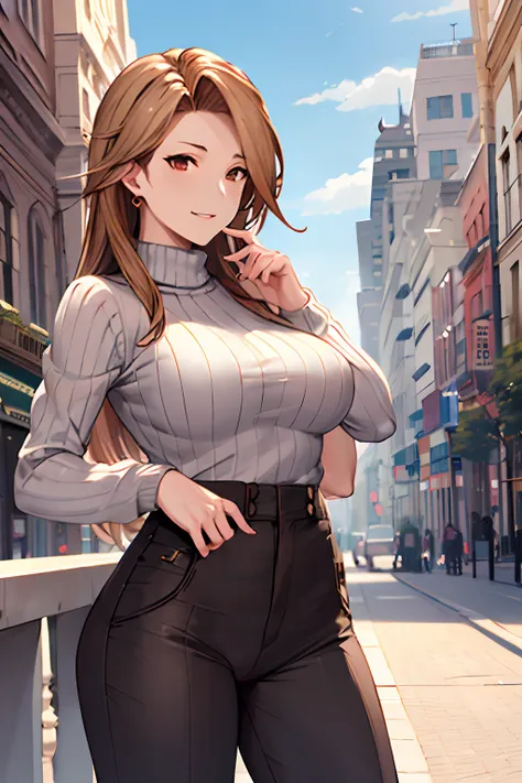 masterpiece, best quality, highres, katalina (granblue fantasy), cowboy shot, outdoors,sweater, ribbed sweater, long sleeves, hi...