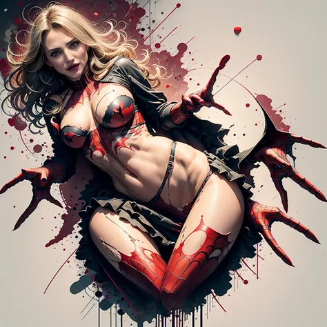 Cameron Diaz、Sticking out the navel、newyork、She wears a torn Spider-Man suit,wearing skirt、 Red and black color scheme,Dynamic、​masterpiece、top-quality、ultra-detailliert、ighly detailed、beautiful detailed brilliance、超A high resolution