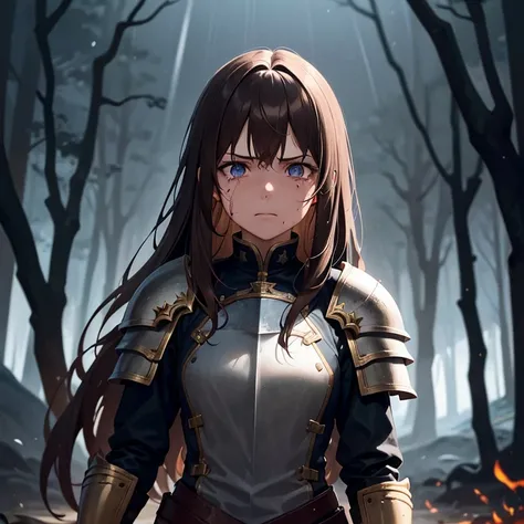 1 girl, brown hair, blue eye, crying, scared, holding left eye with left hand, blood on face, covered in blood, horror, Knights armour, no helmet, sword in right hand, woods, fire everywhere, rain, stars, night sky, intricate detail, perfect anatomy, wallp...