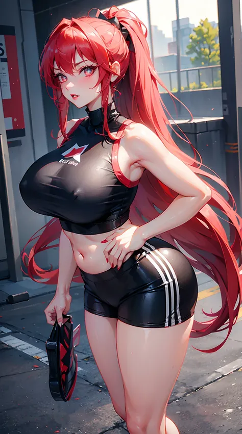 1 woman milf “"Giant breasts" + "large rear" + "wide hips" + "plump thighs" + "red eyes" + "(white star pupils)" + (("serious expression")) + "Long red Hair in a ponytail" + "Red Lips" + "Lucious Lips"”)}, {“Outfit”: short gym shorts, black tight crop top ...