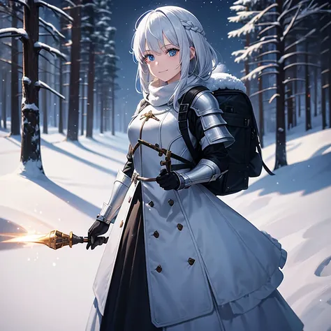 1 girl, Knights armour, no helmet, white hair, blue eyes, beutiful, winter, snow everywhere, woods, snow falling, nightime, dark, holding torch, big backpack, stars, amazing detail, smiling, 8k, wallpaper, masterpiece