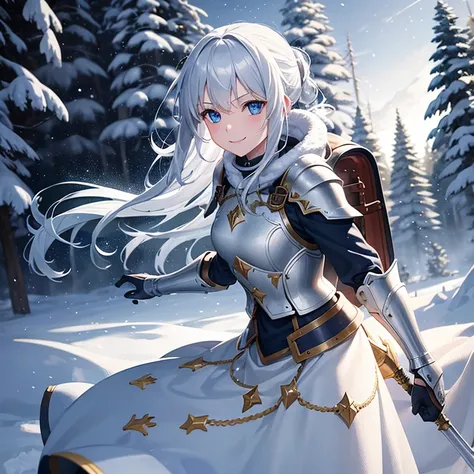 1 girl, Knights armour, no helmet, white hair, blue eyes, beutiful, winter, snow everywhere, woods, snow falling, nightime, dark, holding torch, big backpack, stars, amazing detail, smiling, 8k, wallpaper, masterpiece