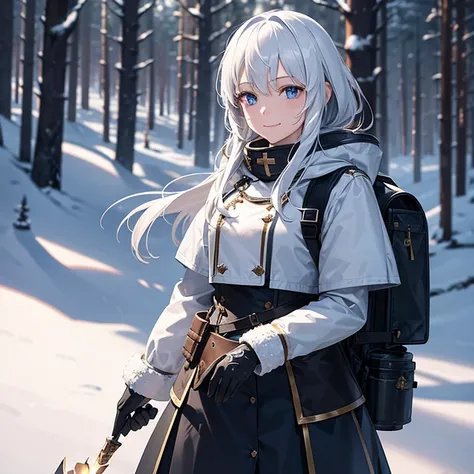 1 girl, Knights armour, no helmet, white hair, blue eyes, beutiful, winter, snow everywhere, woods, snow falling, nightime, dark, holding torch, big backpack, stars, amazing detail, smiling, 8k, wallpaper, masterpiece