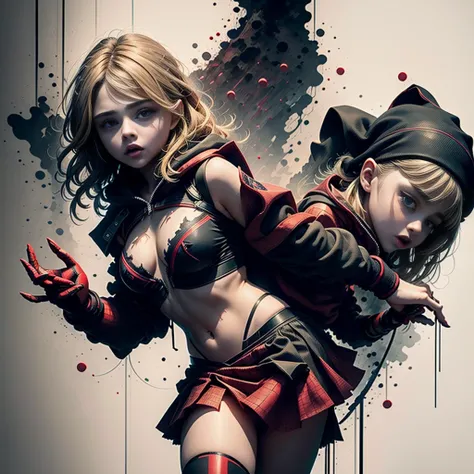 chloë grace moretz、Sticking out the navel、newyork、She wears a torn Spider-Man suit,wearing skirt、 Red and black color scheme,Dynamic、​masterpiece、top-quality、ultra-detailliert、ighly detailed、beautiful detailed brilliance、超A high resolution