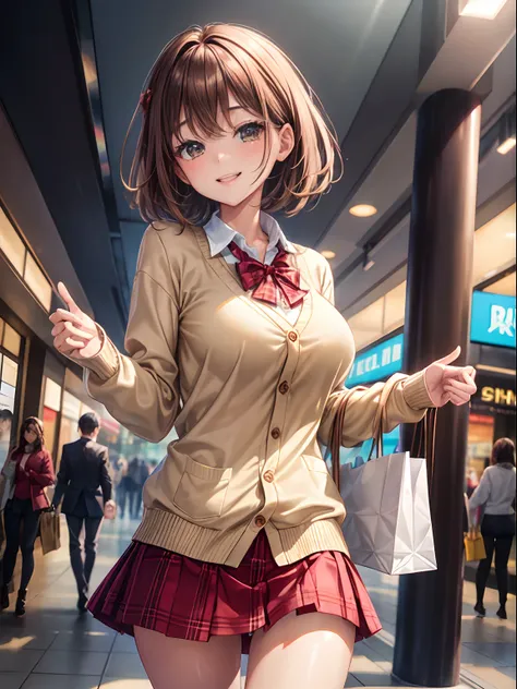 top-quality、Full limbs、complete fingers、Slender beauty、straight haired、brown haired、Beautiful Large Breasts、(Detailed ultra-oily shiny skin:1.1)、oily shiny thighhigh、Shirt with white collar、(Beige cardigan)、Red bow tie、Red plaid miniskirt、Beautiful sister、...