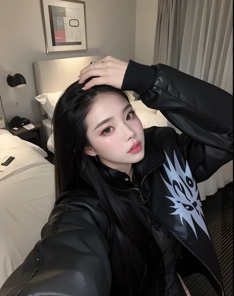 Theres a woman whos taking a selfie in a hotel room, cruel korean goth girl, menina coreana, Ulzzang, Mulher sul-coreana bonita, Jinyoung Canela, iu lee ji-eun as a super villain, goth girl aesthetic, Xision Wu, pale goth beauty, Mulher coreana, Wenfei Ye,...