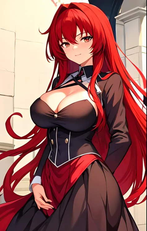 um close up de uma mulher em um vestido vermelho com longos cabelos ruivos, Rias Gremory como uma pessoa real, deusa anime, menina anime sedutora, anime girl, mulher bonita sedutora do anime, Deusa dos cabelos ruivos, Rias Gremory Fanart, personagem de ani...