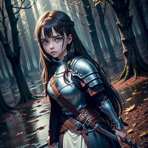 1 girl, brown hair, blue eye, crying, scared, holding left eye with left hand, left hand on face, left hand covering left eye, blood splattered face, covered in blood, horror, Knights armour, no helmet, sword in right hand, woods, fire everywhere, rain, st...