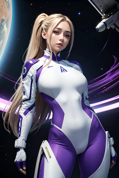 AJ Applegate | Arte Vetorial | segurando uma arma | Look at the camera | Corpo inteiro | poses sensual | Cabelos longos | Spacesuit white and purple | flying in the space | luz azul predominante | highes definition | ALTOS DETALHES | ESTILO Grafico | TRAJE...