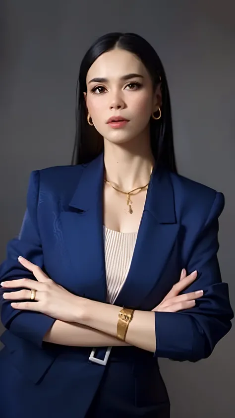 A woman in a beige suit and gold jewelry poses for a portrait, Natasha Tan Maciej Kuciara, professional close-up portrait, professional corporate portrait, Portrait of Ana de la Reguera, promotional portrait, Alina Ivanchenko, headshot profile photo, Nika ...