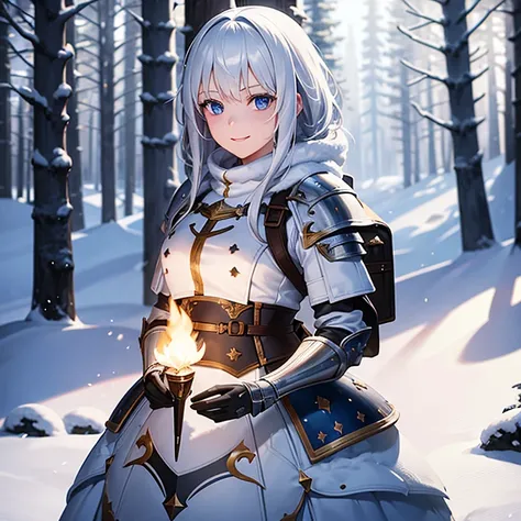 1 girl, Knights armour, no helmet, white hair, blue eyes, beutiful, winter, snow everywhere, woods, snow falling, nightime, dark, holding flame torch, dark backround, big backpack, stars, amazing detail, smiling, 8k, wallpaper, masterpiece