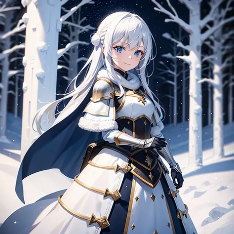 1 girl, Knights armour, no helmet, white hair, blue eyes, beutiful, winter, snow everywhere, woods, snow falling, nightime, dark, holding flame torch, dark backround, big backpack, stars, amazing detail, smiling, 8k, wallpaper, masterpiece