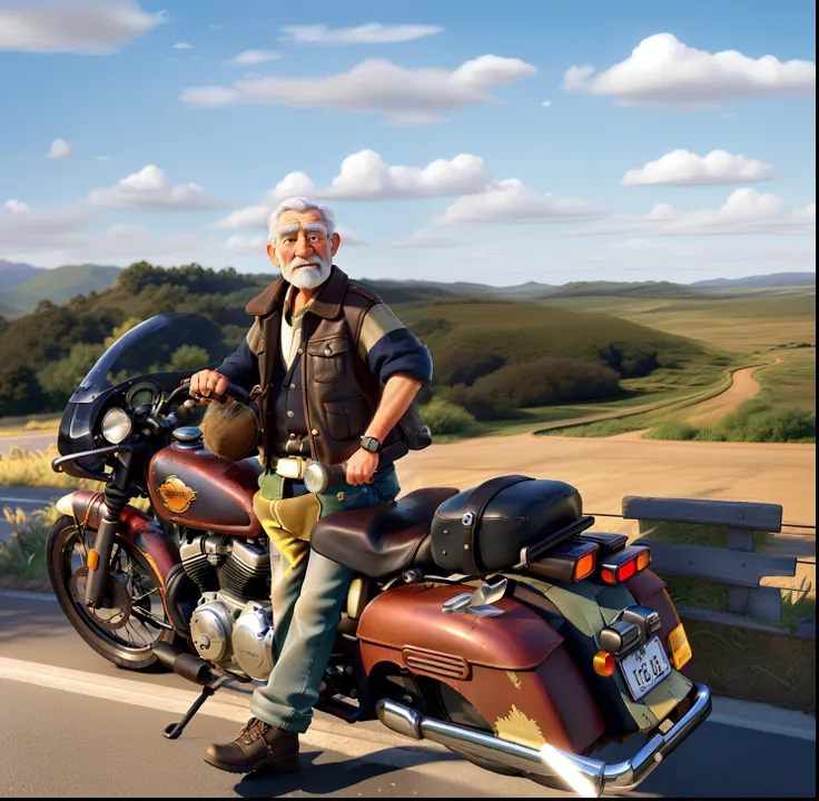 A wise old man standing in front of a motorcycle, illuminated by sunlight, against the backdrop of a road.
(oil painting),detailed face of the old wise man,(photorealistic:1.37),(best quality,4k,highres),(ultra-detailed),(vivid colors),beautiful scenery in...