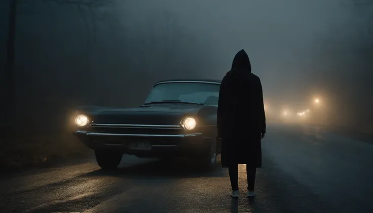 woman in black hoodie standing in front of a car in a desolated road in a foggy night, cinematic, ultra detailed, photorealistic, masterpiece.