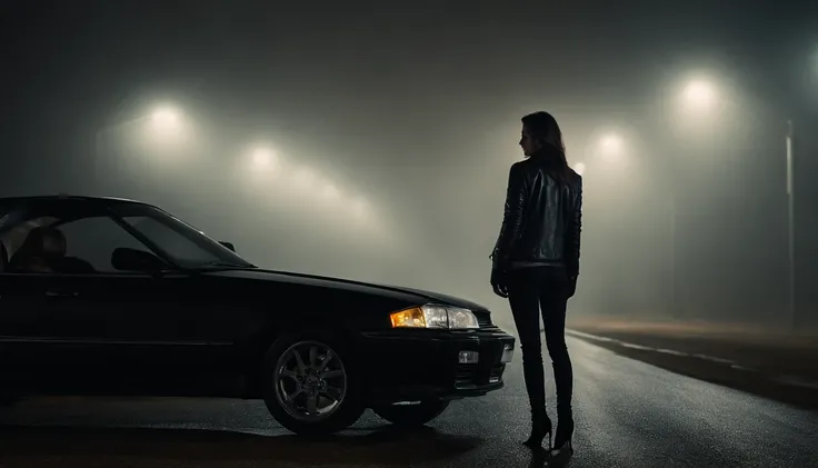 woman in black leather jacket standing in front of a car (Nissan skyline) in a desolated road in a foggy night, cinematic, night, ultra detailed, photorealistic, masterpiece.