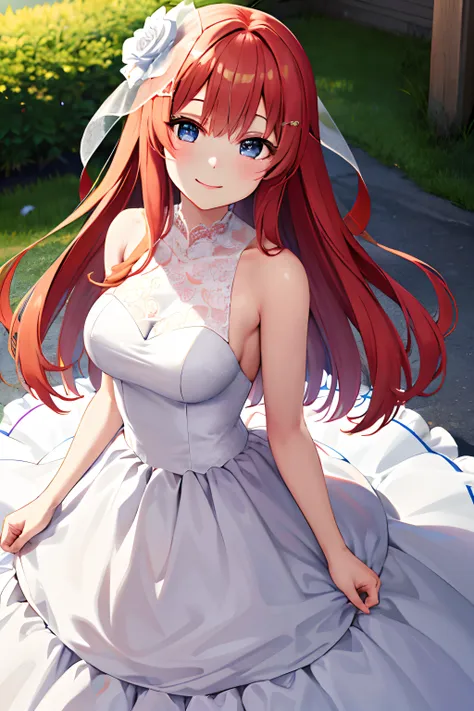 masutepiece, best quality, hight resolution, oh itsuki, long hair, smile,, cowboy shot,wedding dress