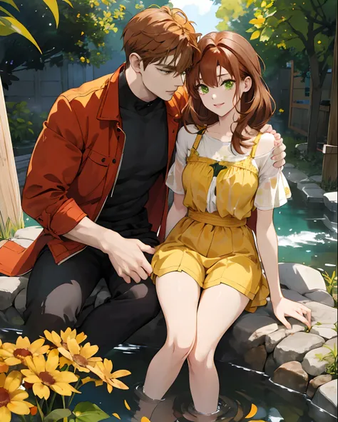 Two characters. Cute ginger hair and green eyes anime woman peeing her panties on the lap of a cute brown hair and brown eyes anime man. Lot of yellow pee running down her legs and soaking the legs of the man.