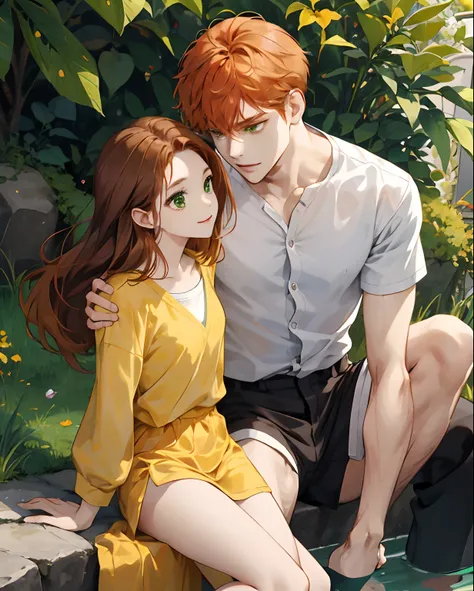 Two characters. Cute ginger hair and green eyes anime woman peeing her panties on the lap of a cute brown hair and brown eyes anime man. Lot of yellow pee running down her legs and soaking the legs of the man.