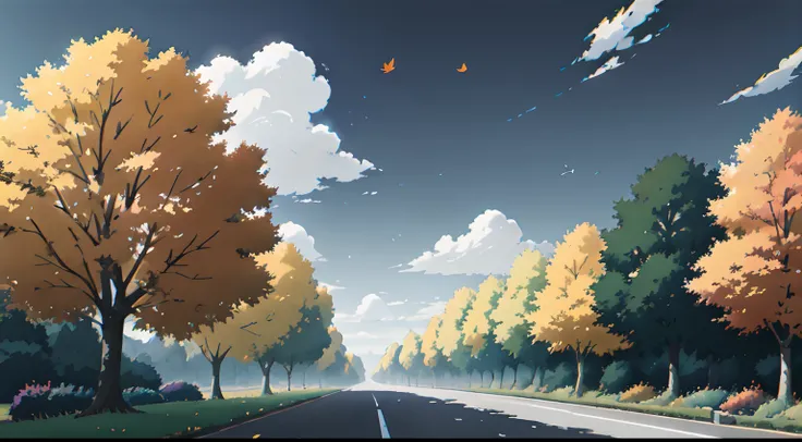 paysage, automne, ciel gris, pluie qui tombe, aucun humain, Le meilleur des meilleurs, feuilles d’oranger, couleurs de lautomne, Feuilles qui tombent, Arrière-plan paysager, ombres, contraste, Makoto Shinkai (Meilleure qualité:1.3), (Haute résolution:1) Ar...