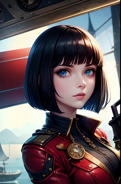 Solo, 1woman, pale skin, tall, curvy, black hair, bob haircut, blue eyes, red dress, steampunk, goggles up on head, aboard an airship