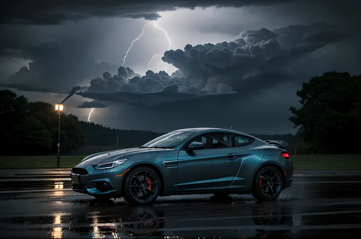 "Describe a sports car in the midst of a rainstorm with thunder and lightning. The cars contours, sleek and aerodynamic, shimmer with raindrops as heavy rain pours down. Each raindrop glistens as it streams down the cars glossy surface, emphasizing its ele...