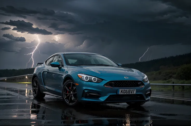 "Describe a sports car in the midst of a rainstorm with thunder and lightning. The cars contours, sleek and aerodynamic, shimmer with raindrops as heavy rain pours down. Each raindrop glistens as it streams down the cars glossy surface, emphasizing its ele...