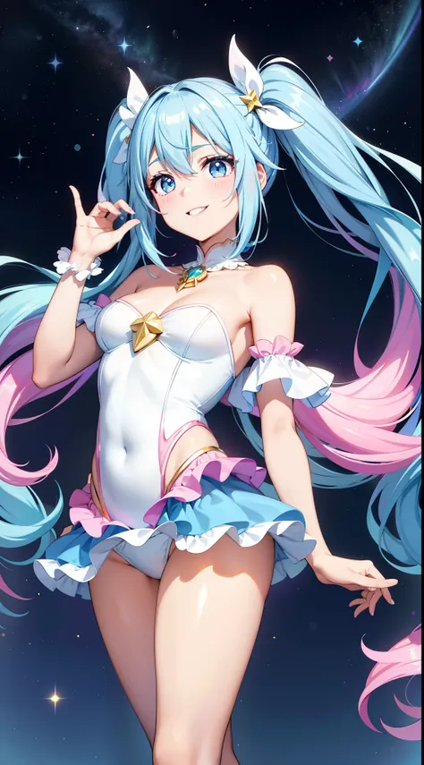 Super Idol　a beauty girl　A charming smile　sky blue hair　length hair　Twin-tailed　Glittery bright pink and white and blue and yellow ruffled leotards　facing front　Mystical　Fantasia　constellation　a moon　Crystal Brilliance　Aurora Borealis in the Night Sky