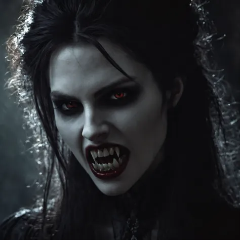 dark fantasy art of diffused light fill light
 a vampire woman with vampire's fangs teeth with a creepy face and a creepy hair v...